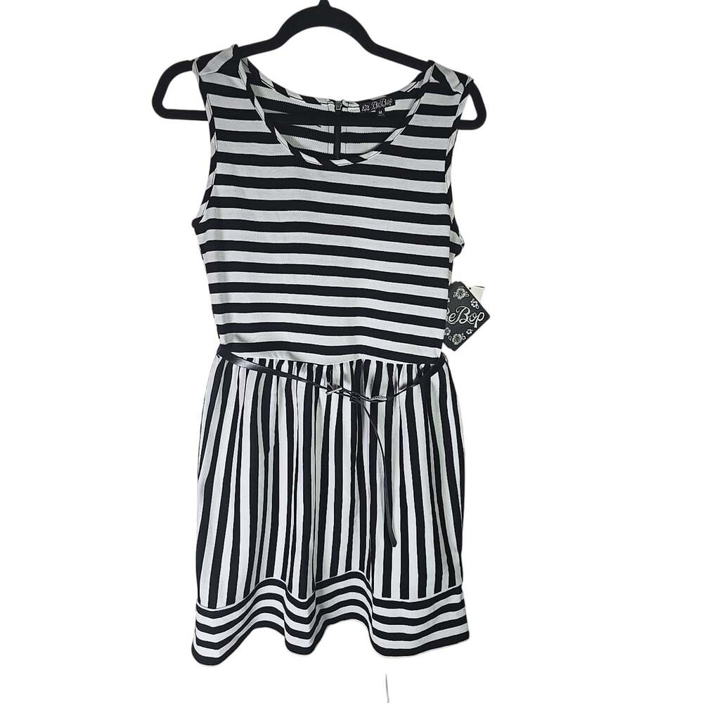 NWT BeBop Striped Retro Dress Belted Knee Length Sleeveless Womens Medium